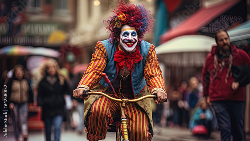 A very happy looking clown, dressed in outlandishly colourful clothing cycling down a city street.
