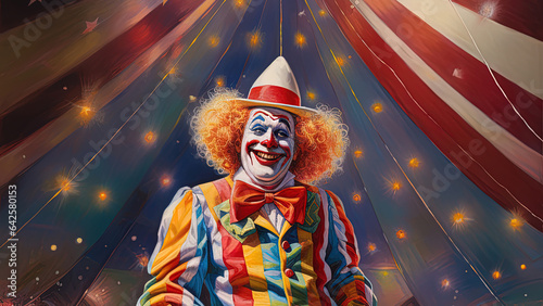 A very happy looking clown with orange hair and a large dickie bow standing under the Big Top of the circus. photo