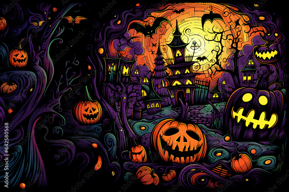 Spooky night halloween town. Pumpkins with glowing eyes.