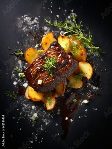 Delicious Beef and Potatoes Food Combination Photorealistic Vertical Illustration. Balanced Traditional Meal. Ai Generated bright Illustration with Delicious Aromatic Beef and Potatoes.