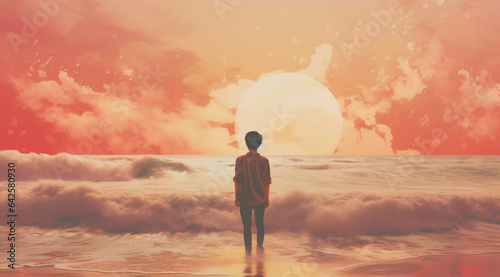 AI-generated metaphor of a man contemplating the sun on the beach. Being under the cloud of his thought and trying to find himself on a shifting sand of experience. Reflection on pursuit of happiness.