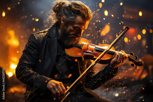 A musician passionately plays a violin, immersing in the auditory world and expressing their artistic sensory style. Generative AI.