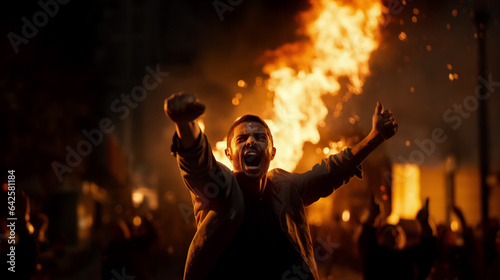 Narrative impactful AI-generated photo of a man in front of the fire in the middle of the riot. The urgency of societal change. Echoes the spirit of protests. Radical riot, fire