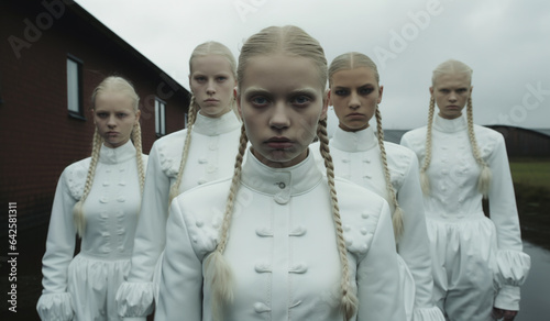 AI-Generated photo of a group of young women dancers group wearing white dresses during the Midsommar festival. Past and present converge, celebrating a vibrant display of empowerment and mysticism. 