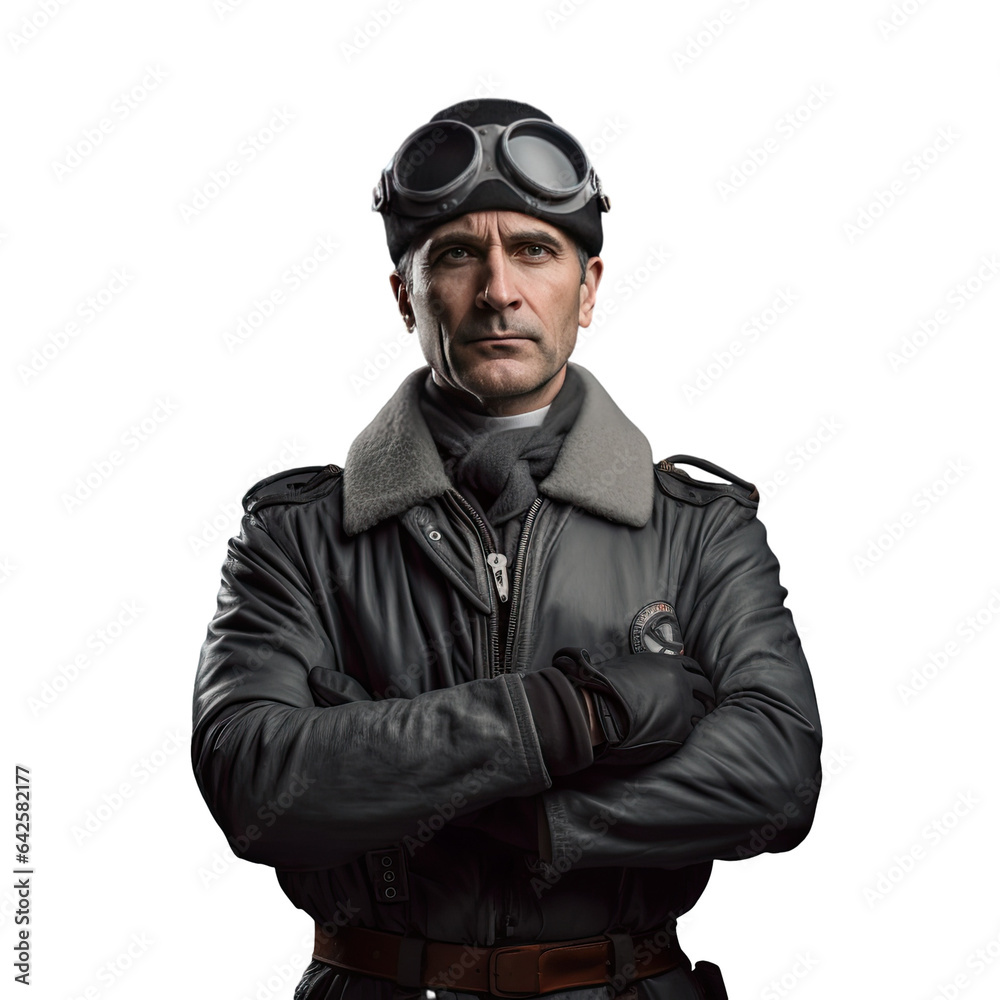 Pilot standing with arms crossed looking ahead in an airplane over a transparent background Pilot standing with arms crossed looking ahead in an airplane over a transparent background