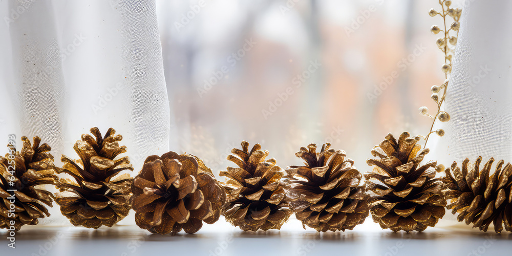 Close up of Christmas decorative composition with fir cones, golden decoration. New year, Xmas background.Winter greeting card. Holidays template.Generative ai