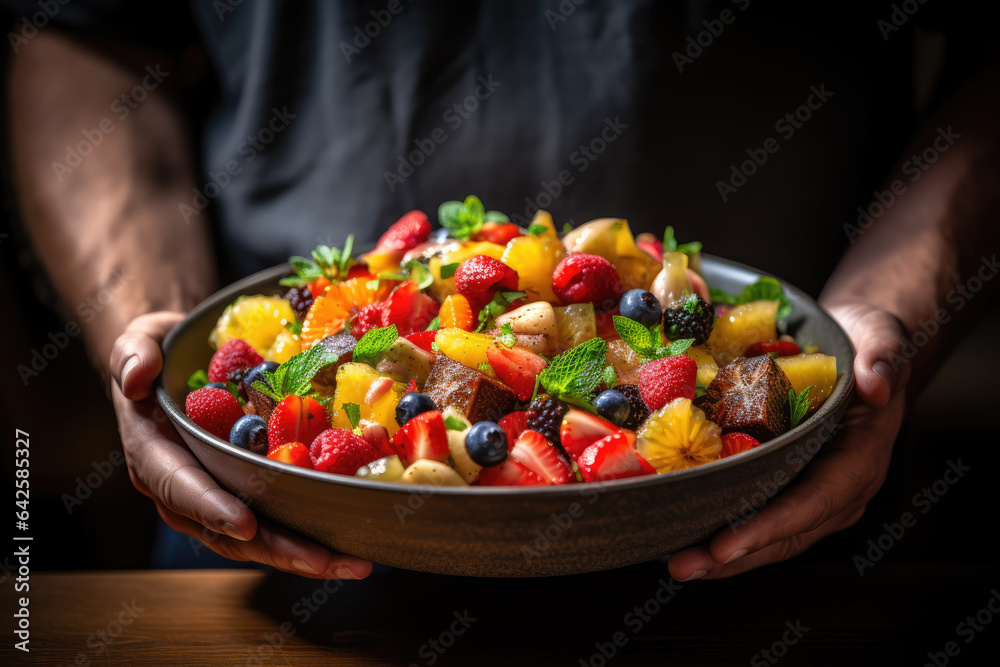 A person savoring a bowl of vibrant fruit salad, demonstrating that healthy eating can be delicious and enjoyable. Generative Ai.