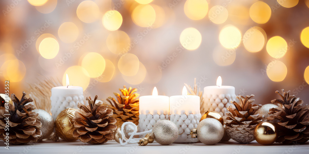 Close up of Christmas decorative composition with fir cones, candles, golden decoration. New year, Xmas background.Winter greeting card. Holidays template.Generative ai