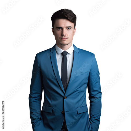 Isolated young man in blue suit on transparent background
