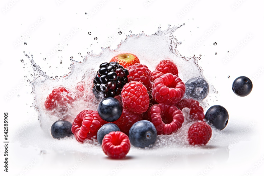 Fresh berries falling into water with splash isolated on white background. Concept of healthy eating. Fresh berries falling into water with splash isolated on white background. Concept of healthy eating.