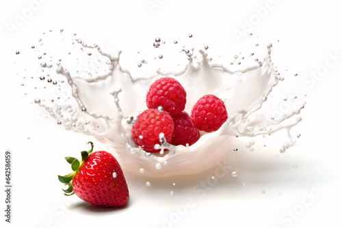 Milk splash with fresh berries and fruits isolated on white background.