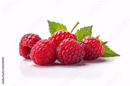 Ripe raspberry with leaves isolated on white background. Healthy food. Close-up.
