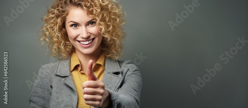 Blonde woman smiling pointi...