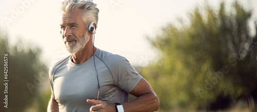 Elderly athlete running outdoors with headphones empty area
