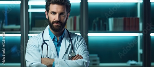 Young surgeon with crossed arms looking at camera in hospital cabinet