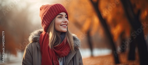 Attractive woman in winter attire bundled up and gazing elsewhere amidst blurry fall scenery on a freezing day