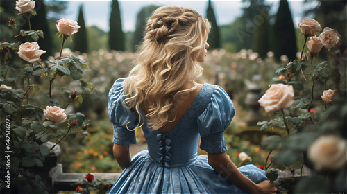 a blonde woman with curly hair hidden face stands with her back to the frame in a blue retro dress in a rose garden, back view, created with Generative AI Technology.