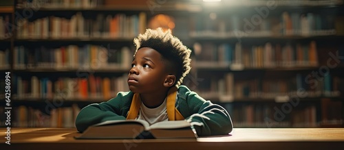 African American schoolboy studying in library Education childhood inclusivity and learning concept