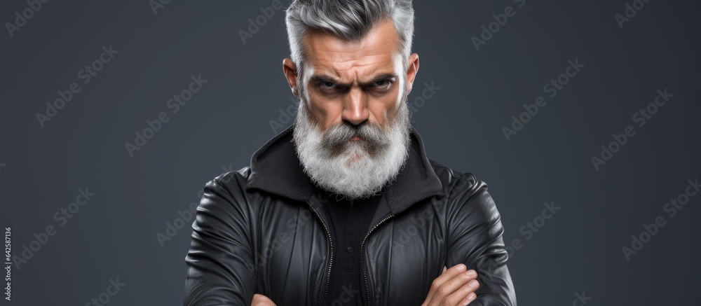 Obraz premium Angry man with gray background space for text