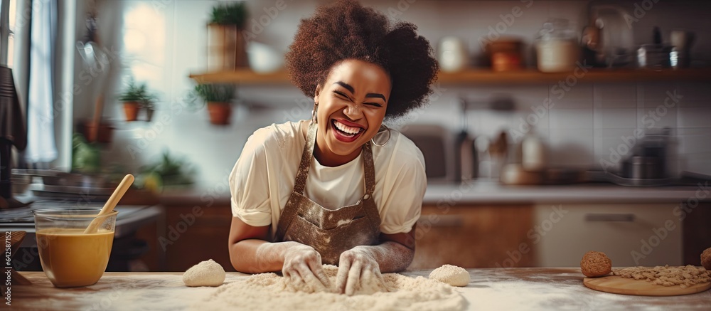 African woman enjoying herself in kitchen making dough - obrazy, fototapety, plakaty 
