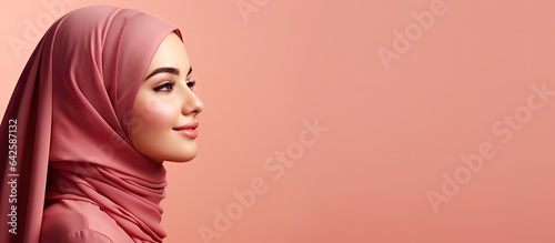 Portrait of a modest girl wearing hijab looking at space with a pink background