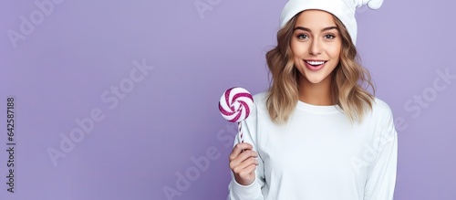 A young woman wearing a Santa hat enjoys a lollipop on a lilac backdrop dressed in a white t shirt Celebrating a sweet new year