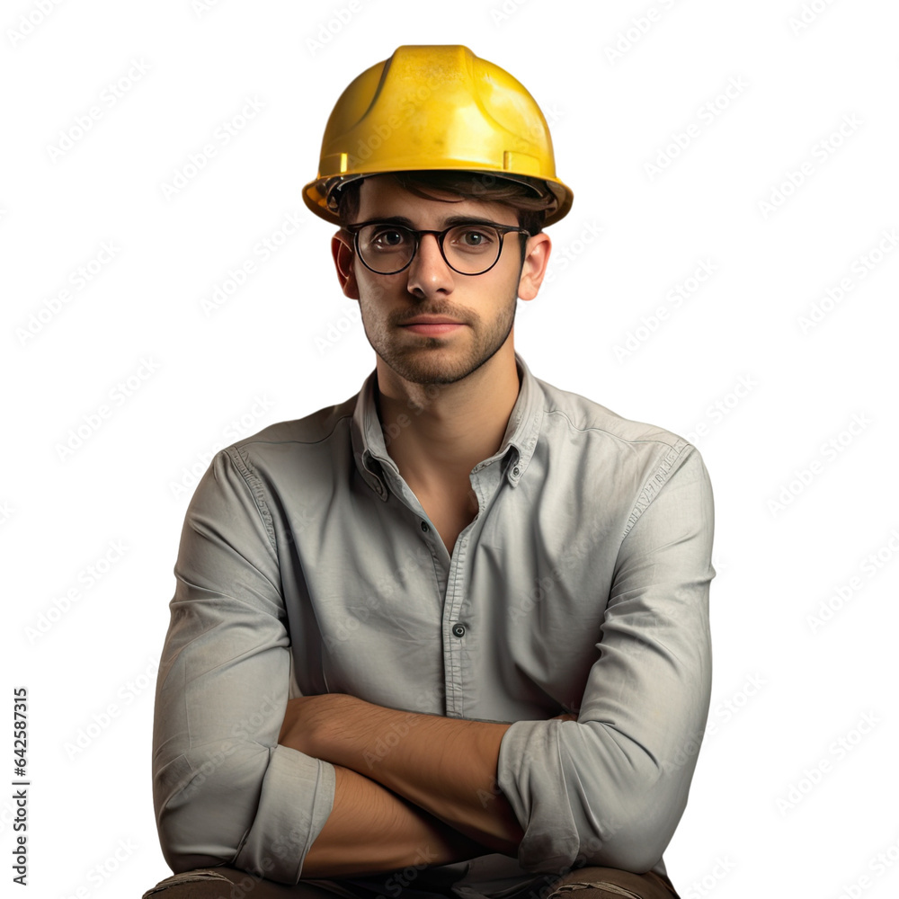Young male civil engineer wearing a safety hat standing alone on a transparent background Young male civil engineer wearing a safety hat standing alone on a transparent background
