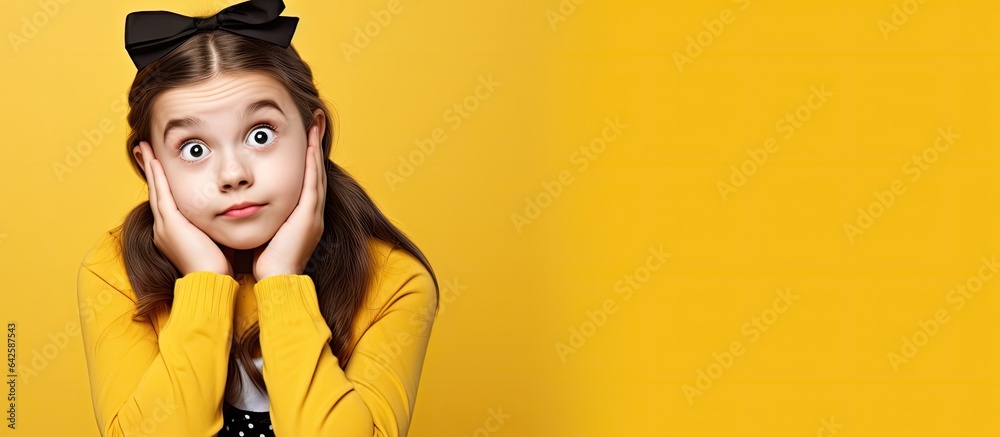 Creative girl with school uniform contemplating on yellow background imaginative portrait isolated on horizontal poster with copy space Creative girl with school uniform contemplating on yellow background imaginative portrait isolated on horizontal poster with copy space