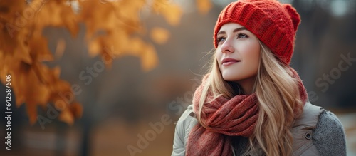 Attractive woman in winter attire bundled up and gazing elsewhere amidst blurry fall scenery on a freezing day