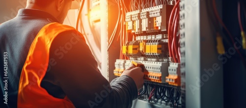 Electrician measuring voltage in fuse board Electrical engineering banner