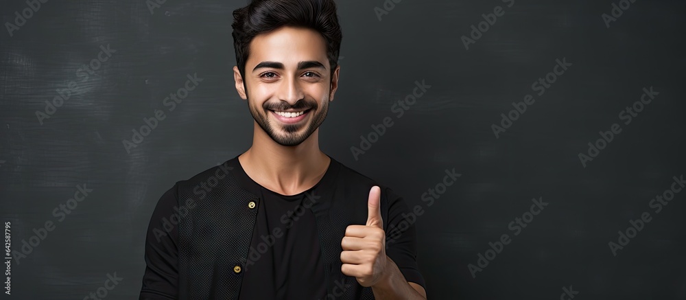 A friendly young Arab man smiling showing number one with hand counting down against gray wall A friendly young Arab man smiling showing number one with hand counting down against gray wall