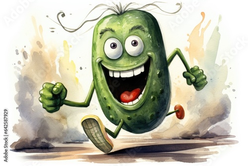 A cartoon pickle running with a big smile, AI