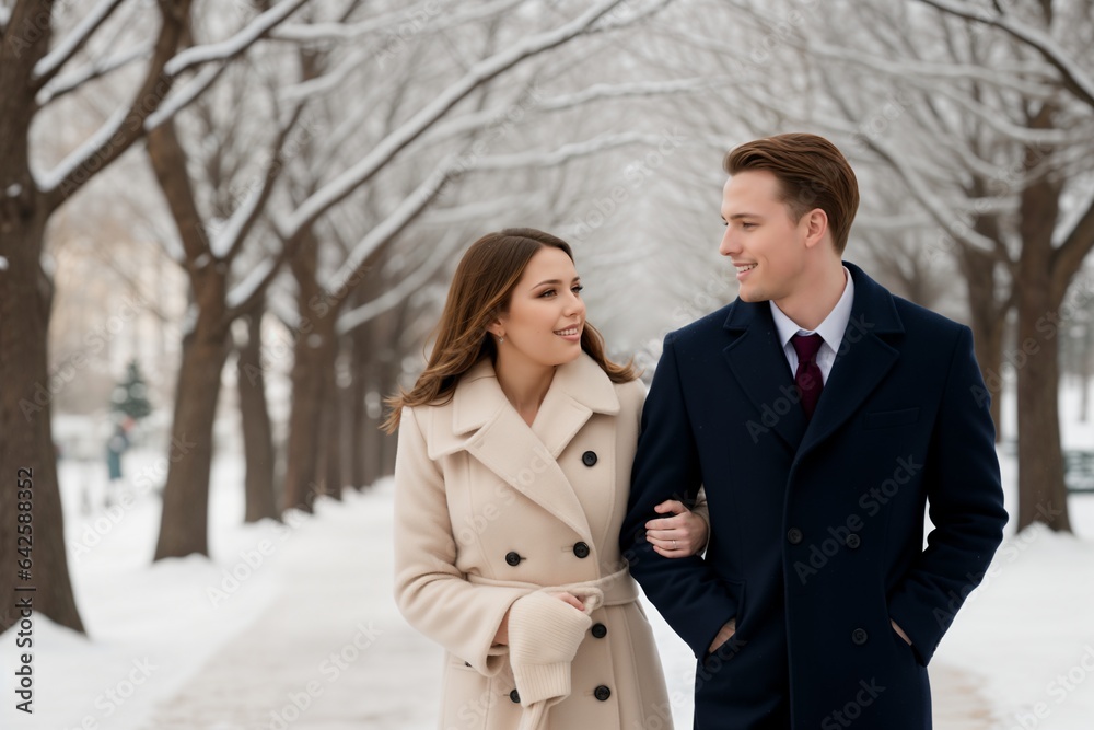 A young couple in love walking in the park on a winter day A young couple in love walking in the park on a winter day