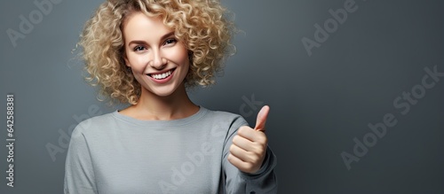 Blonde woman smiling pointi...