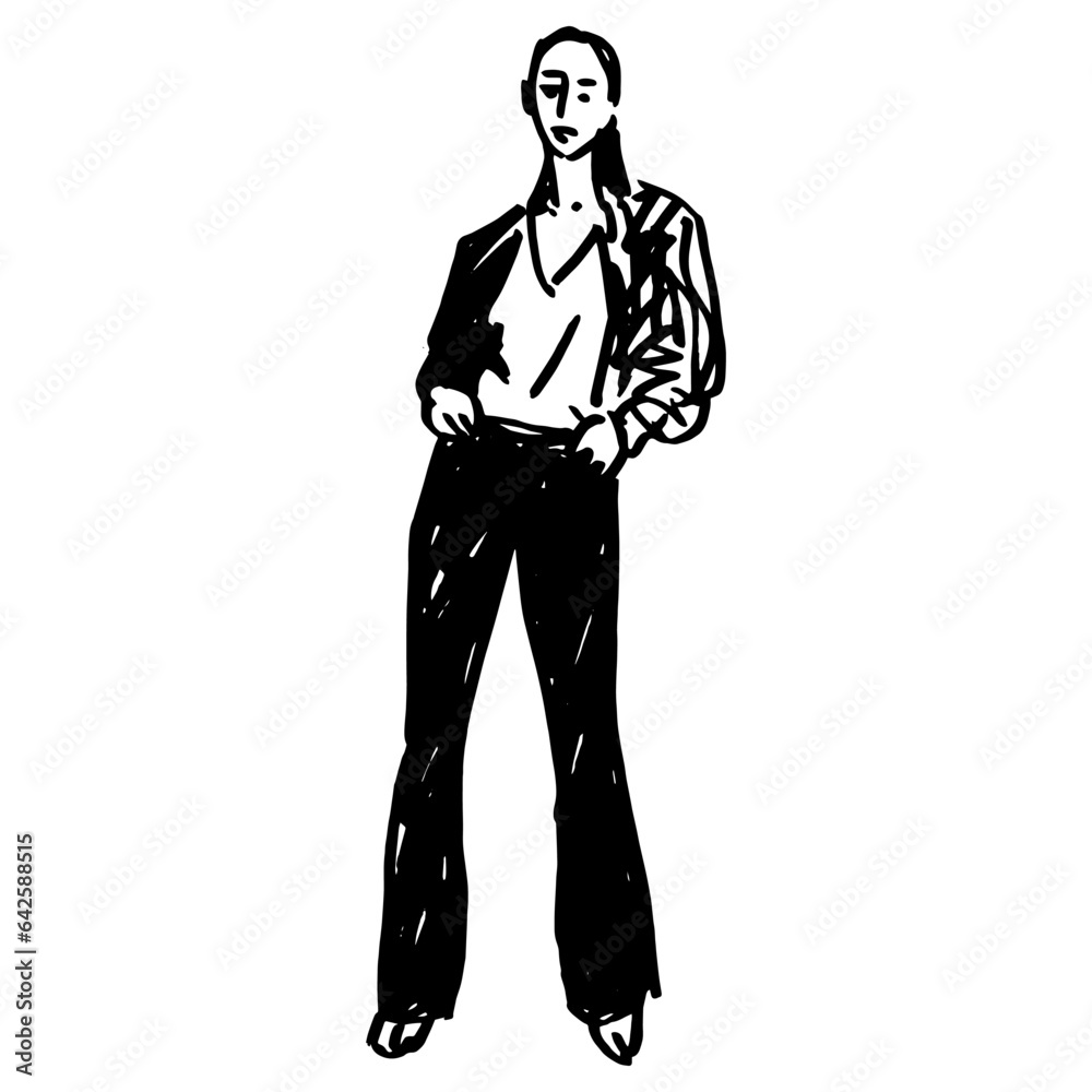Standing modern young girl wearing pants and shirt. Female portrait. Funny woman with hands in her pockets. Akimbo pose. Hand drawn linear doodle rough sketch. Black silhouette on white background. Standing modern young girl wearing pants and shirt. Female portrait. Funny woman with hands in her pockets. Akimbo pose. Hand drawn linear doodle rough sketch. Black silhouette on white background.