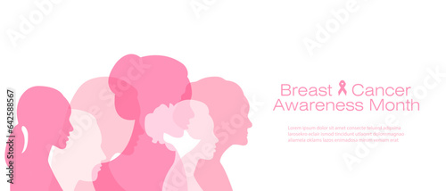 Breast Cancer Awareness Month.Banner with silhouettes of women standing side by side and space for text.Flat vector illustration.