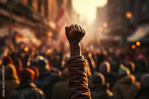 A person raising their fist in a gesture of solidarity for human rights during a protest. Generative Ai. © Sebastian