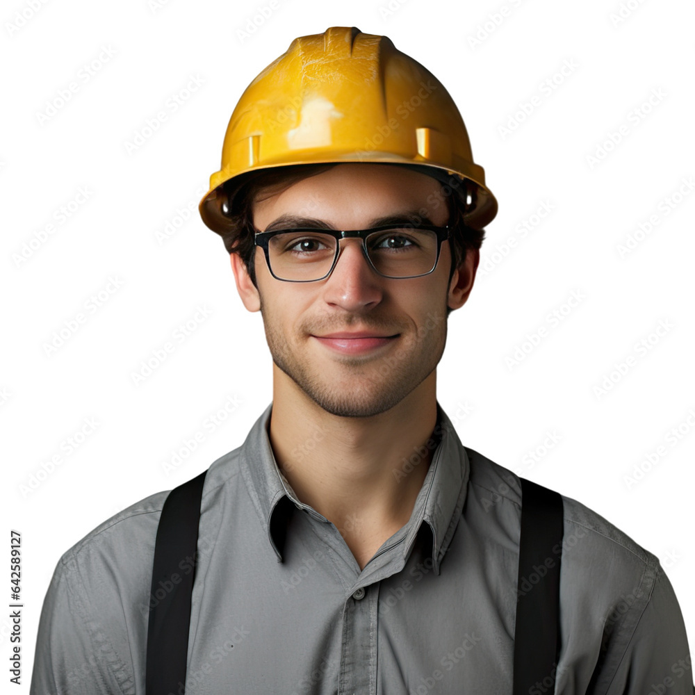 Young male civil engineer wearing a safety hat standing alone on a transparent background Young male civil engineer wearing a safety hat standing alone on a transparent background