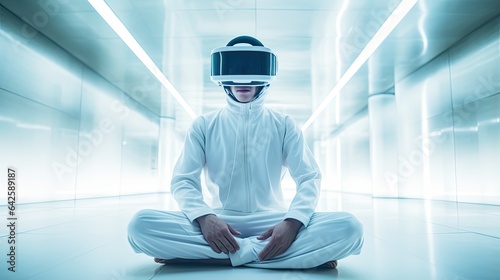 A man sits alone in a white illuminated room wearing vr glasses. Virtual reality headset. Technology and cyberspace concept. Illustration for banner, brochure, advertising, marketing or presentation.