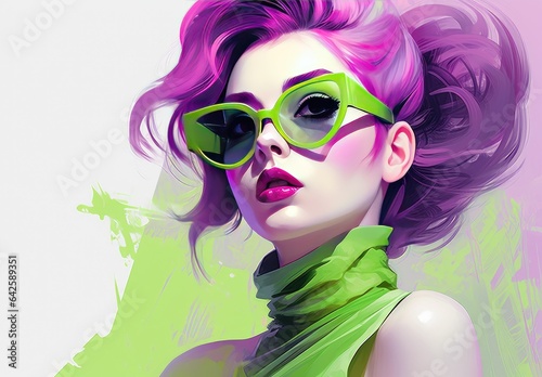 Beautiful young woman in sunglasses. Fashionable image of the model in purple-green tones. The female image is drawn. Illustration for poster, cover, brochure, card, postcard, interior design or print