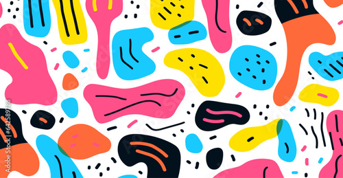 Lighthearted colorful line doodle seamless composition. Artistic minimalist style backdrop for youngsters or chic design utilizing basic shapes. Uncomplicated childish scribble artwork