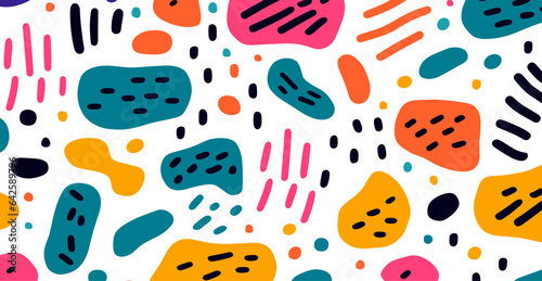 Lively colorful line doodle seamless pattern. Creative minimalist artistic backdrop for children or stylish design featuring fundamental shapes. Easygoing childlike scribble background