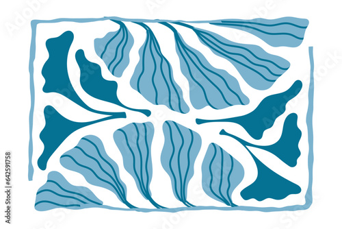 Matisse blue poster. Plant leaves, reflection. Fluid, wavy shapes with intricate, thin lines. Rectangular composition. Delicate floral, water lily Art Deco vibe. Vector illustration in flat style
