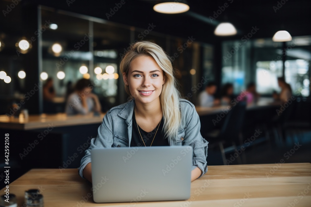 happy young woman, smiling girl student using laptop computer sitting on chair in coworking space working online happy young woman, smiling girl student using laptop computer sitting on chair in coworking space working online