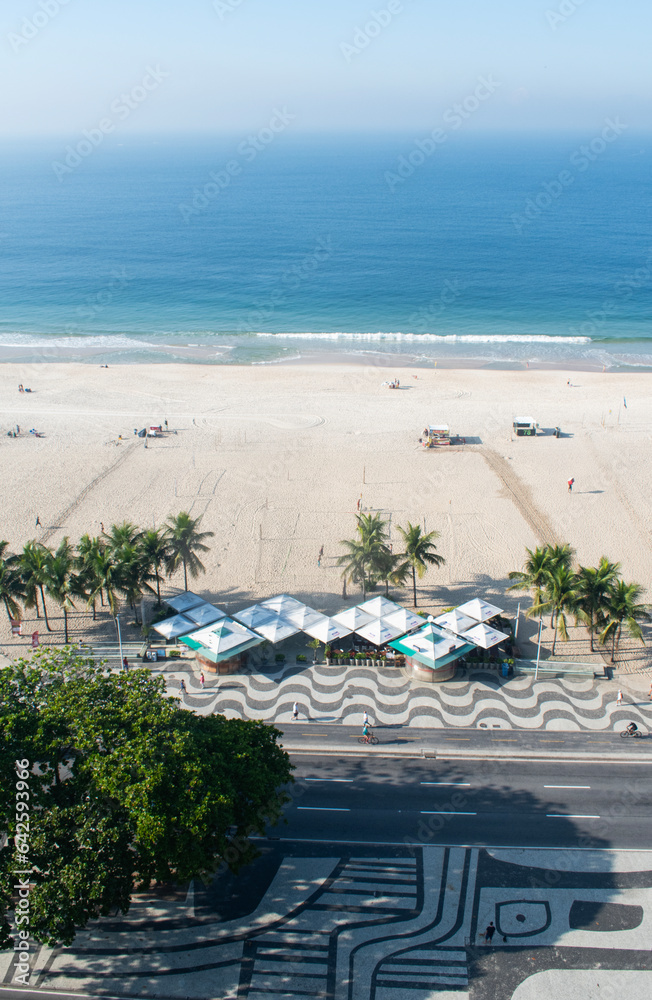 Rio de Janeiro, Brazil: aerial view of Avenida Atlantica (Atlantic Avenue) and the iconic graphic sidewalk of Copacabana beach, named after Virgen de Copacabana, patron saint of Bolivia