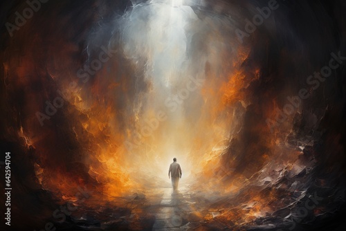 Fotografija Religious biblical concept of human death, soul goes to purgatory, road to heaven, light at the end of the tunnel, road to god, life and death, heaven, heaven and hell