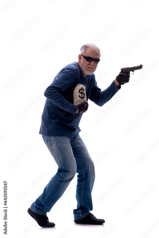 Old male burglar holding moneybag isolated on white Old male burglar holding moneybag isolated on white