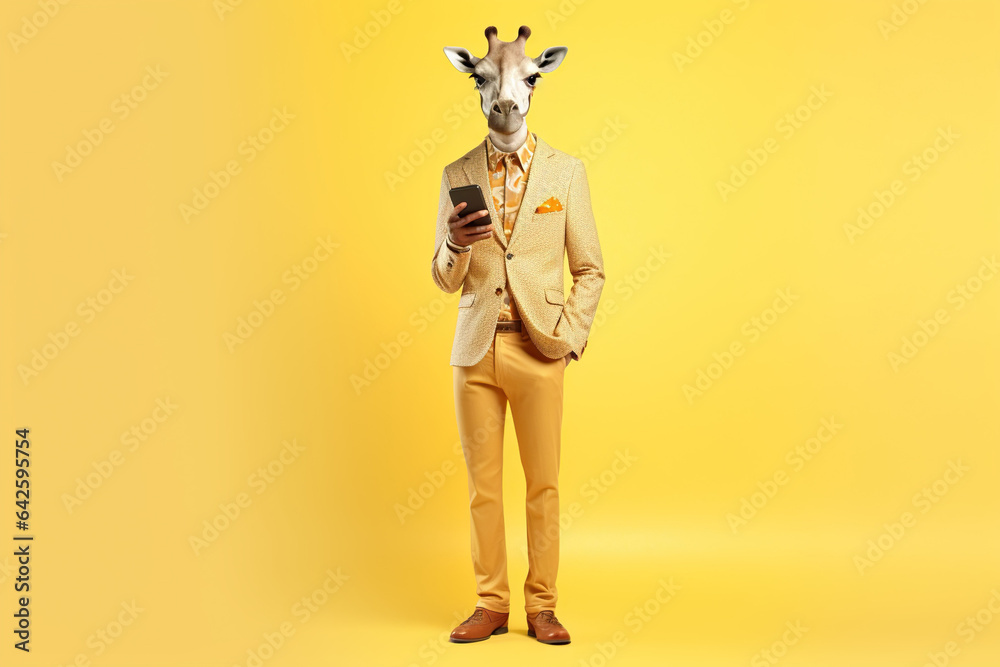 portrait of happy giraffe with a phone portrait of happy giraffe with a phone