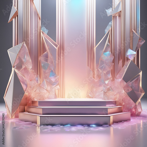 a scene for a product surrounded by 3d crystals in a pink light background