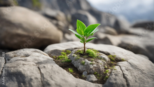 Small tree sprouted from the rock, new life, hope, resilience, green plant growing in stone